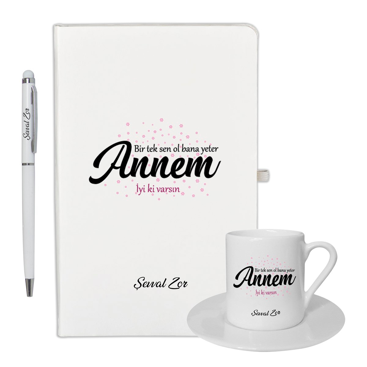  İsme Özel Defter Kalem ve Kahve Fincan Seti - Anne Sevgisi