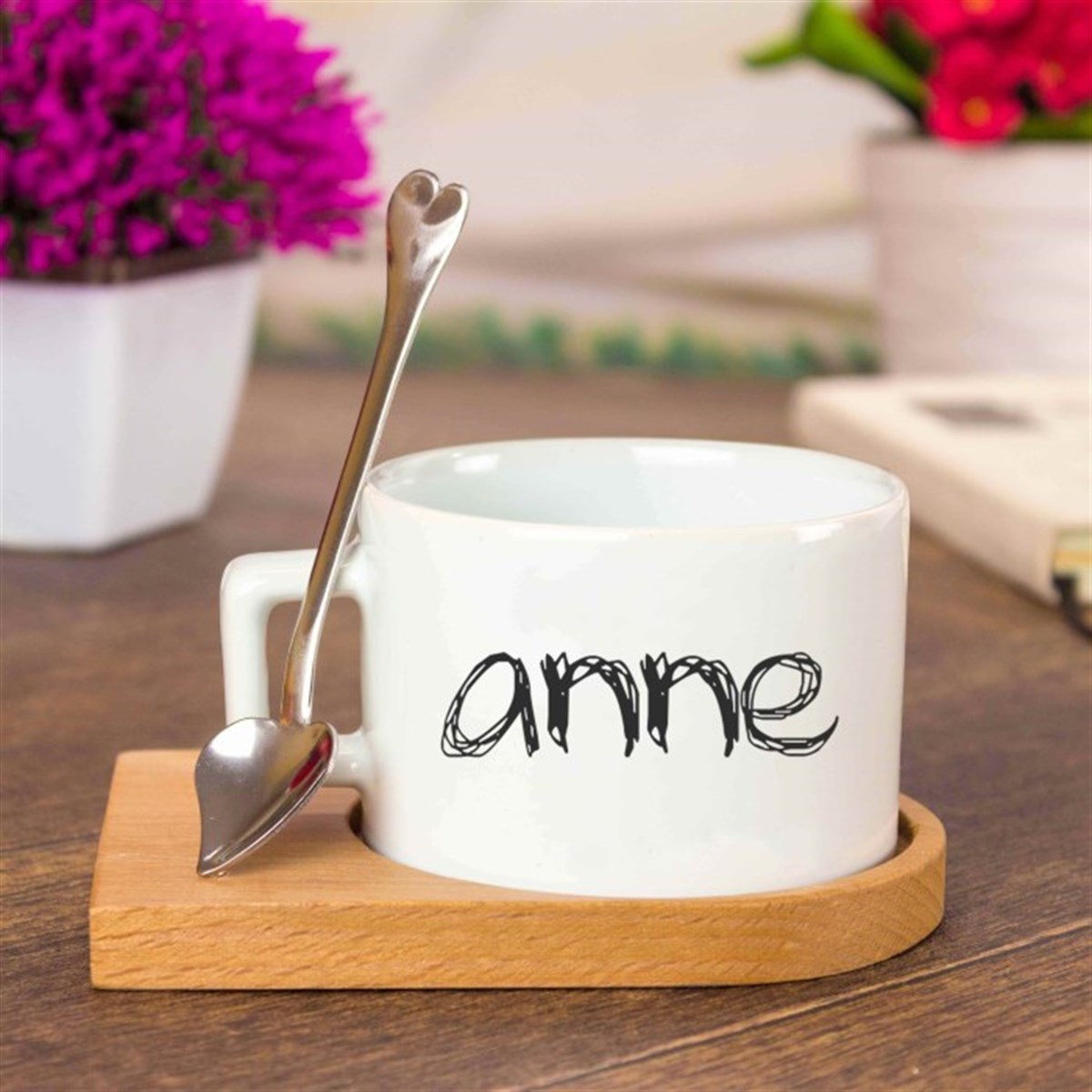 Ahşap Tepsili Kahve Çay Fincanı Seti - Anne