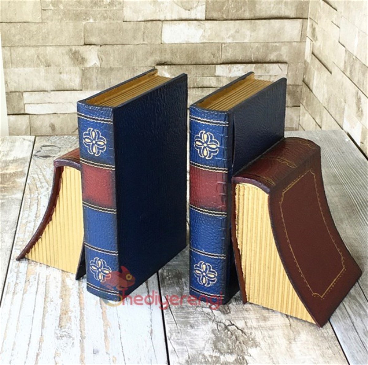 Ansiklopedi Tasarımlı Çift Taraflı Ahşap Kitap Tutucu