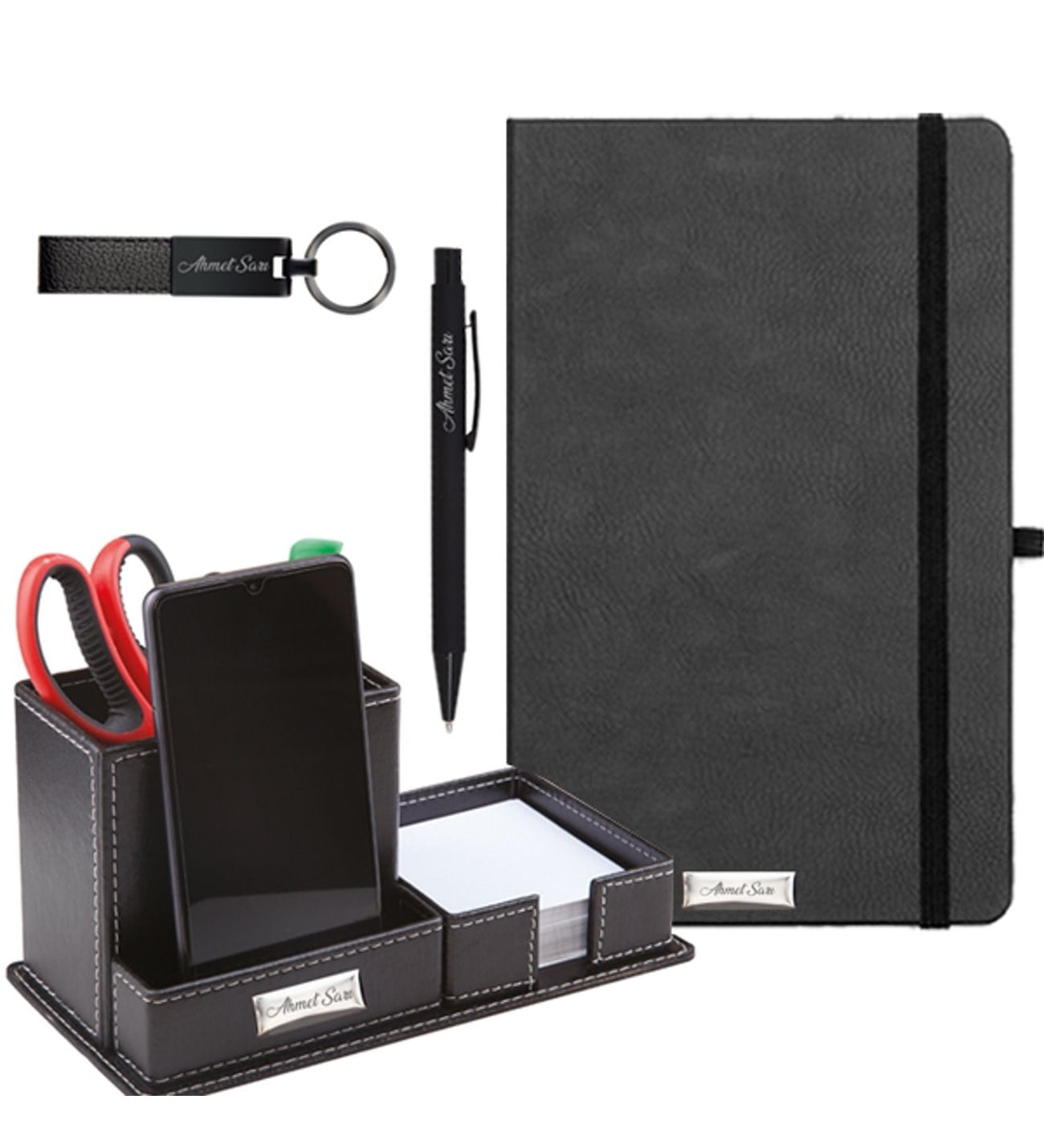 Defter Masa Üstü Kalemlik ve Kalem İsme Özel Ofis Seti (Anahtarlık Hediyeli)
