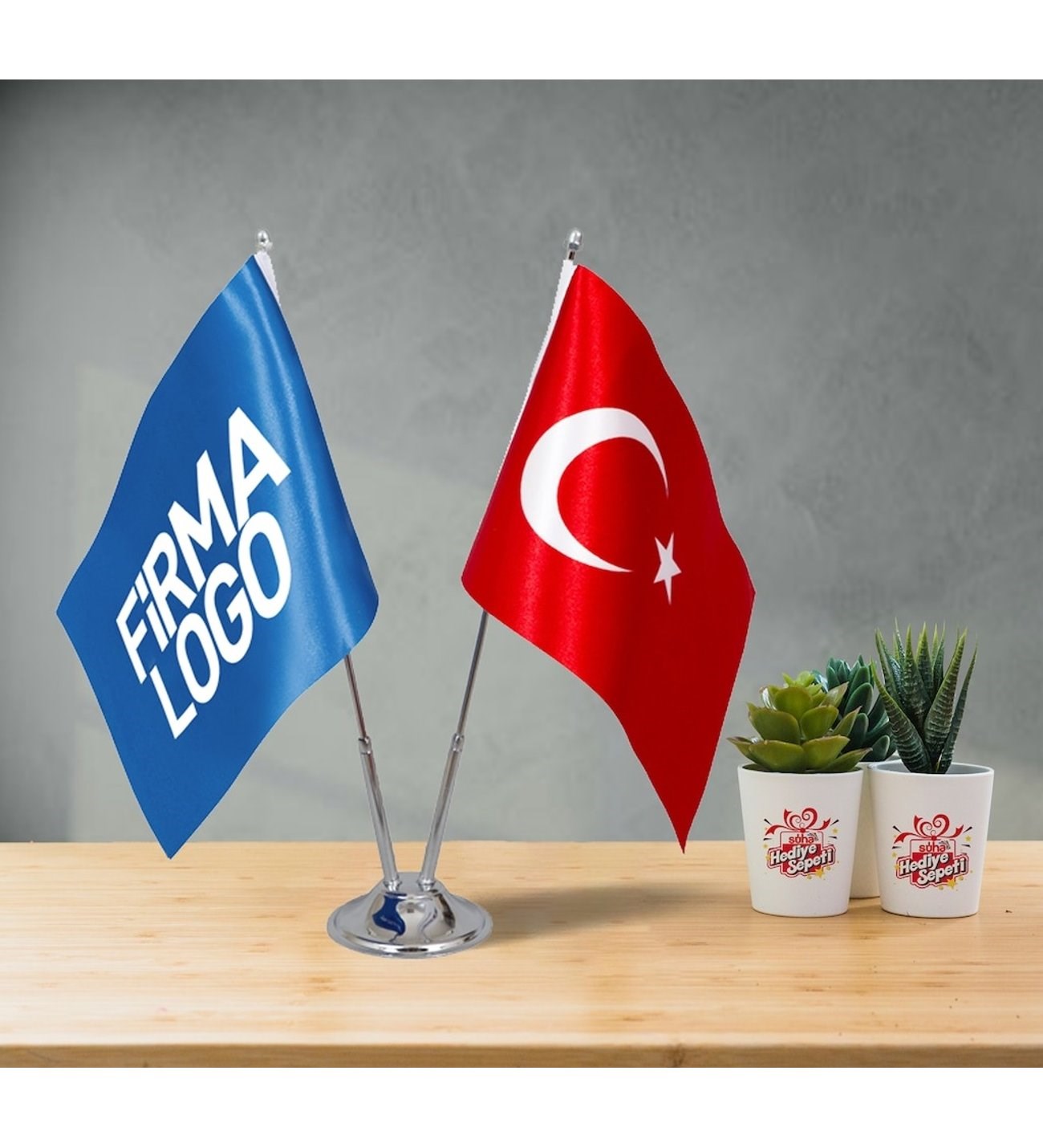 Firmaya Özel Çift Direkli Logolu Masa Üstü Bayrak