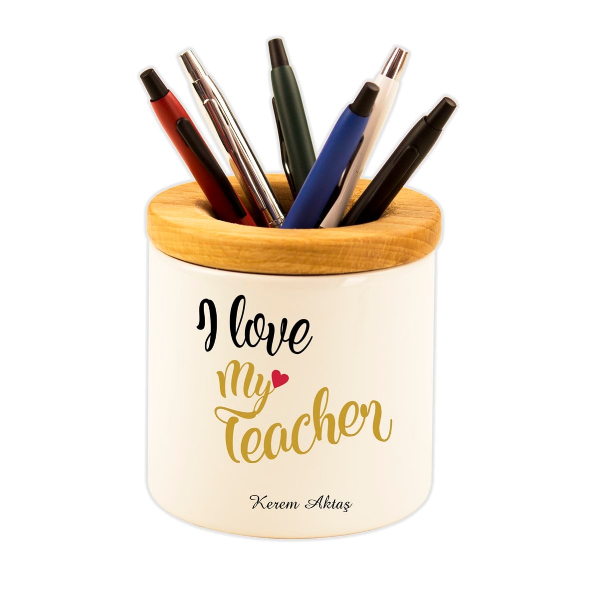 İsme Özel Ahşap Kapaklı Kalemlik-I Love My Teacher