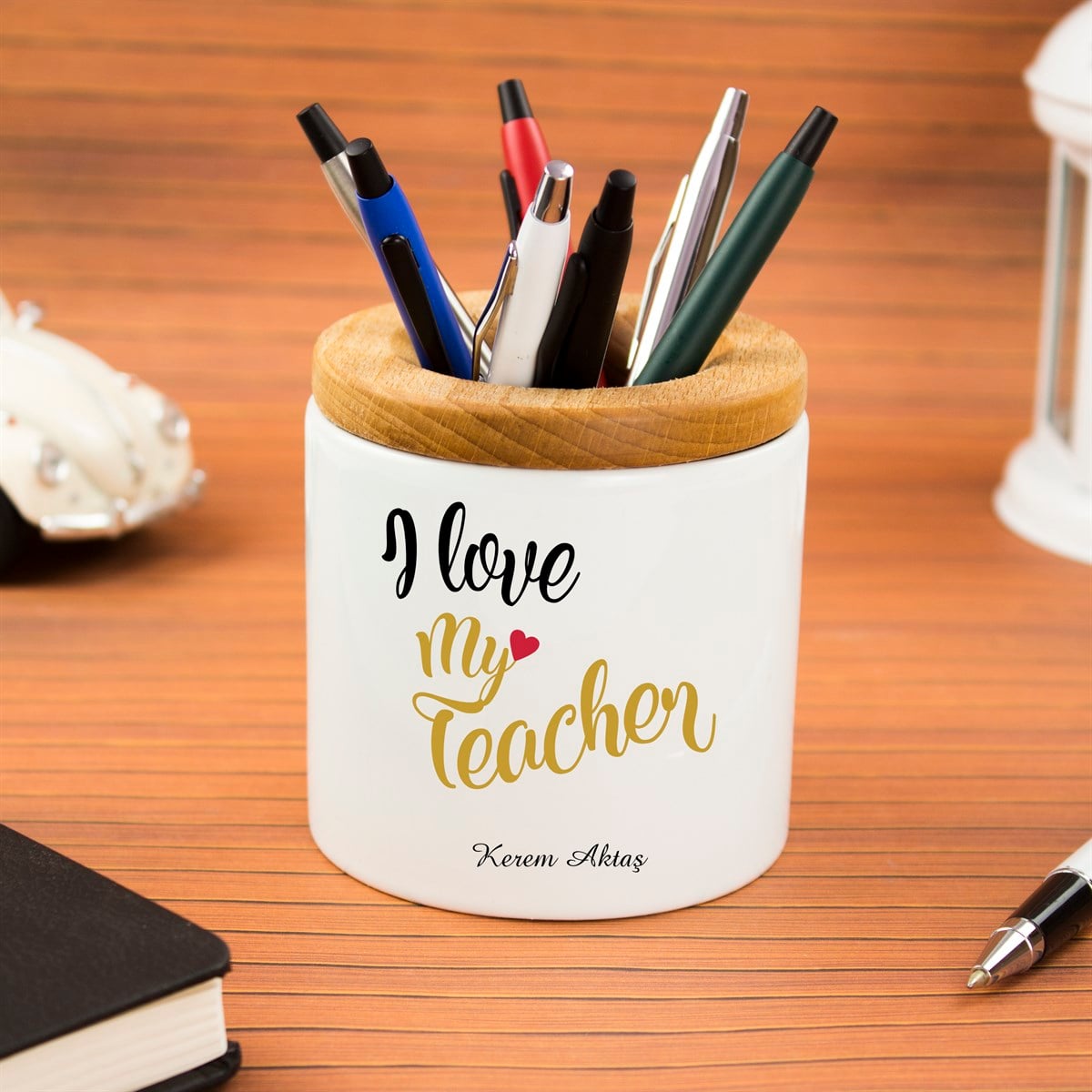 İsme Özel Ahşap Kapaklı Kalemlik-I Love My Teacher