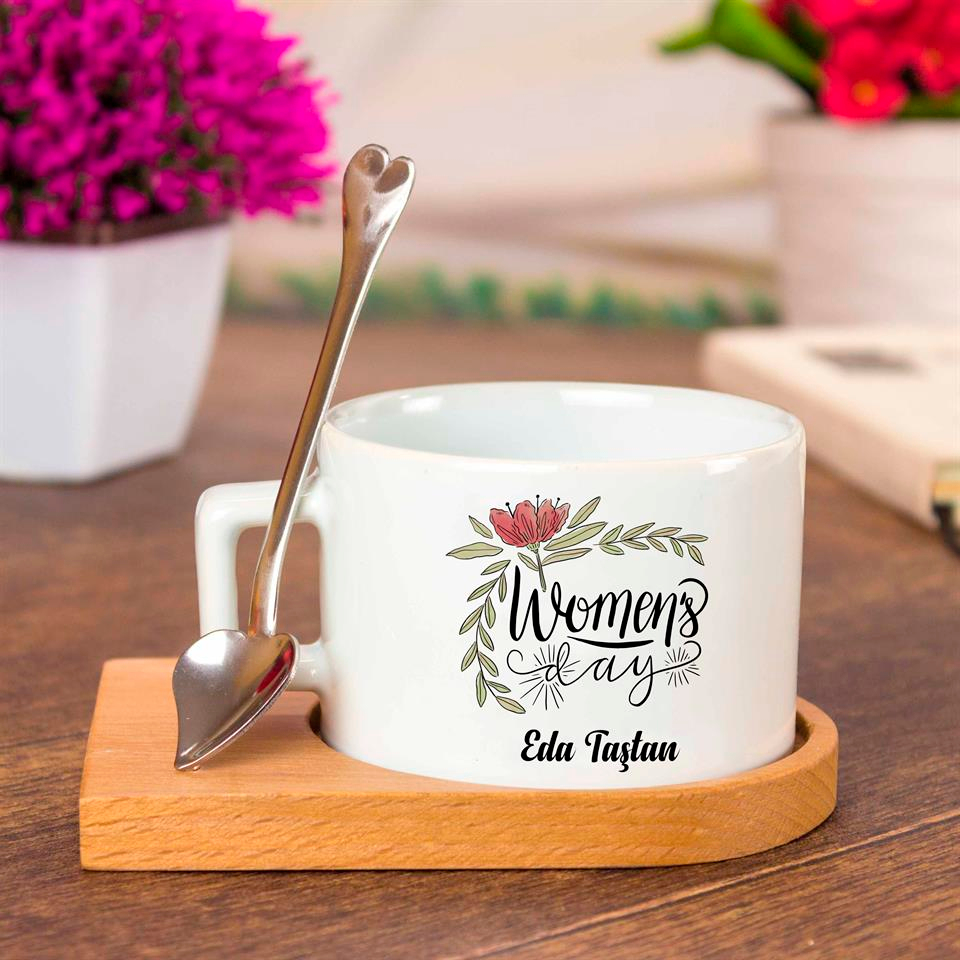 İsme Özel Ahşap Tepsili Çay Fincanı Seti - Women's Day