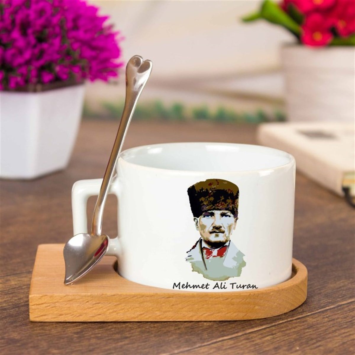İsme Özel Ahşap Tepsili Kahve Çay Fincanı Seti -  Kemal Atatürk M1