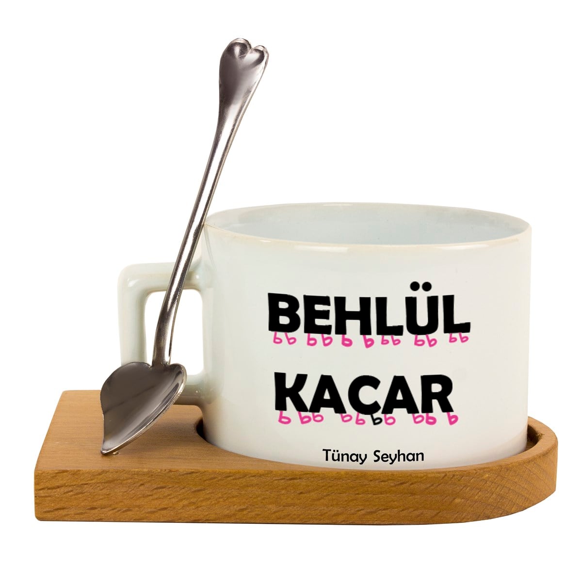 İsme Özel Behlül Kaçar Temalı Ahşap Tepsili Kahve Çay Fincanı Seti