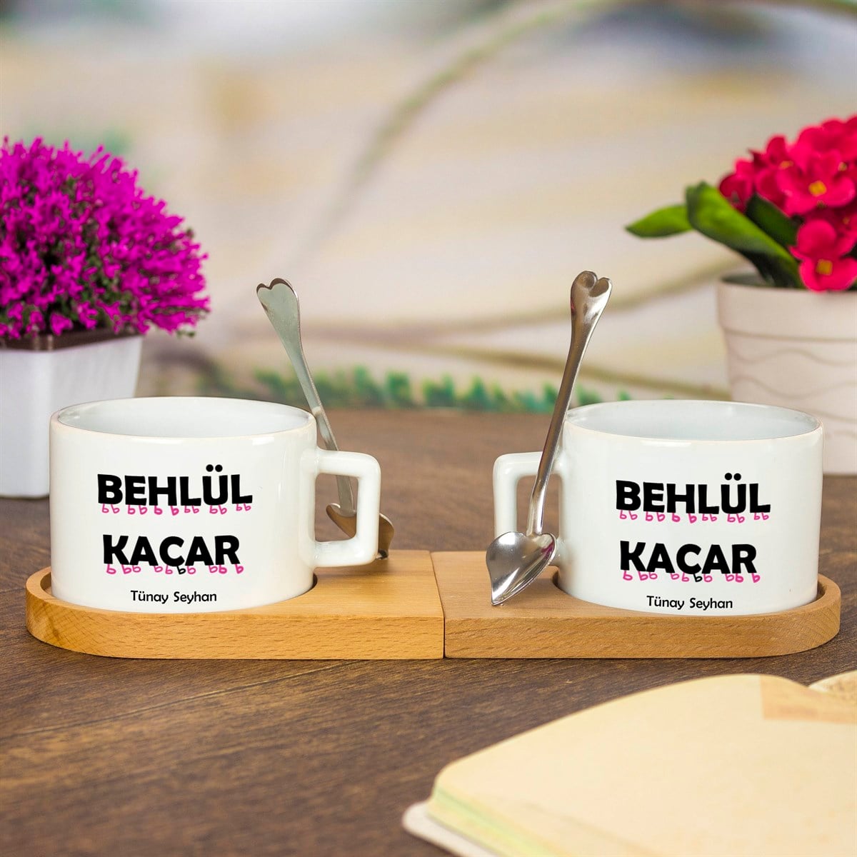 İsme Özel Behlül Kaçar Temalı Ahşap Tepsili Kahve Çay Fincanı Seti