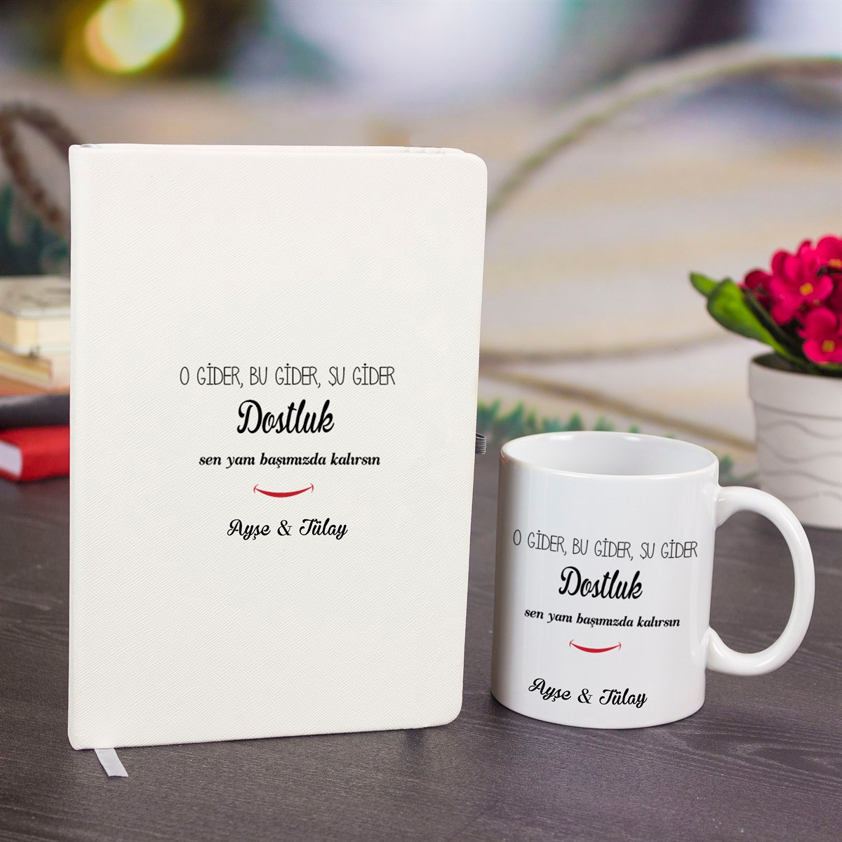 İsme Özel Beni Dostluk Temalı Defter Kupa Bardak ve Kalem Seti