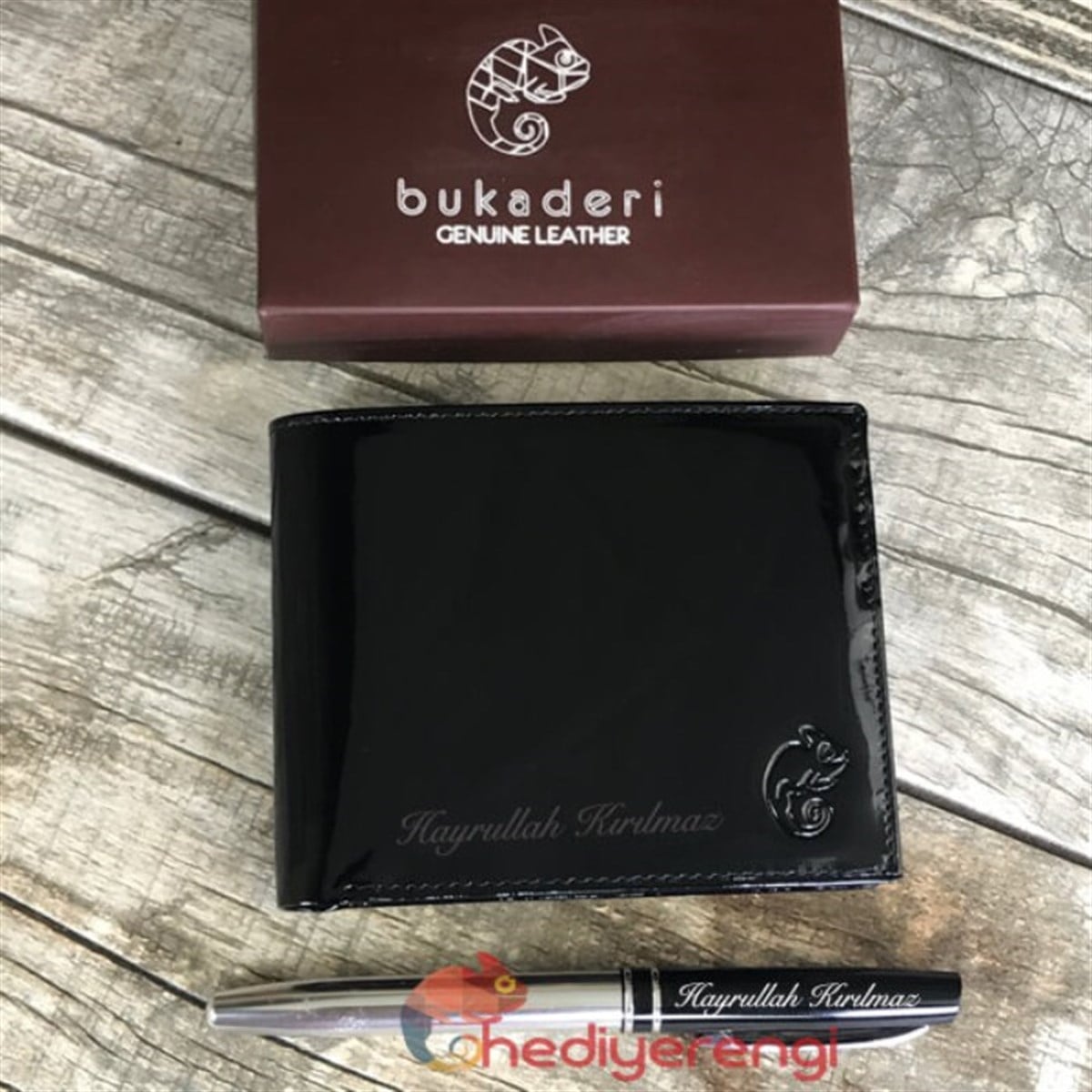 İsme Özel Buka Deri Erkek Cüzdanı ve Kalem Seti Rugan Siyah