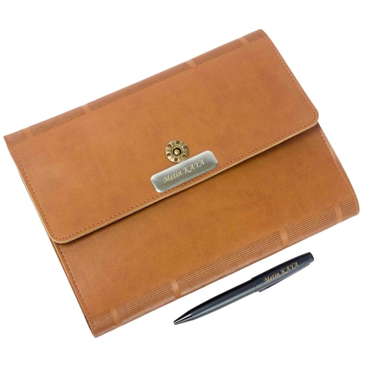 İsme Özel Çantalı Organizerli Premium Defter ve Kalem Seti Taba