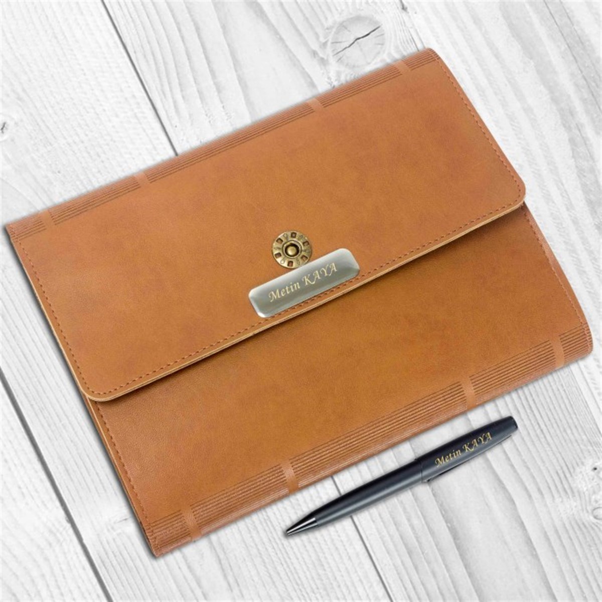 İsme Özel Çantalı Organizerli Premium Defter ve Kalem Seti Taba