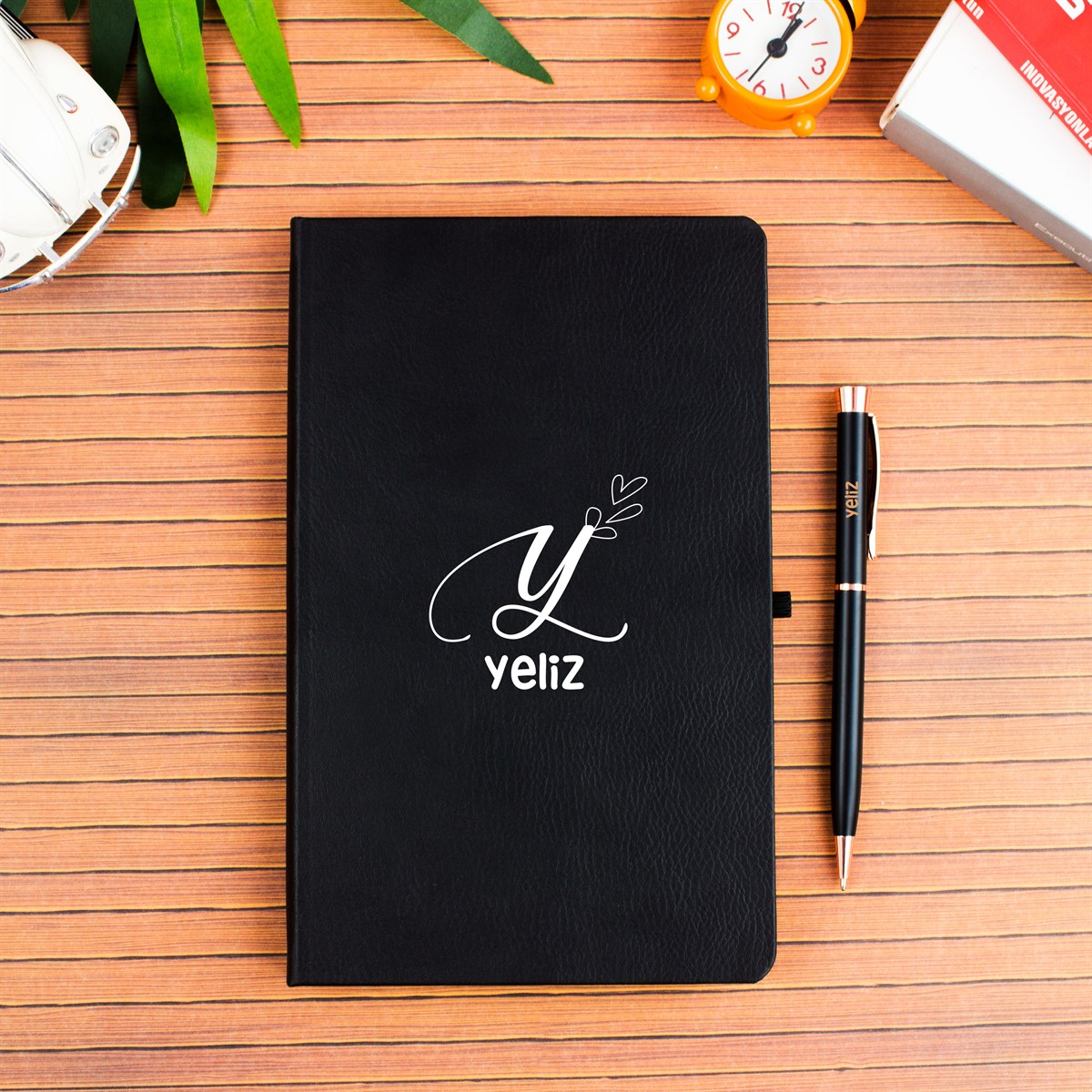 İsme Özel Çelik Termos Defter ve Roller Kalem Seti- Siyah
