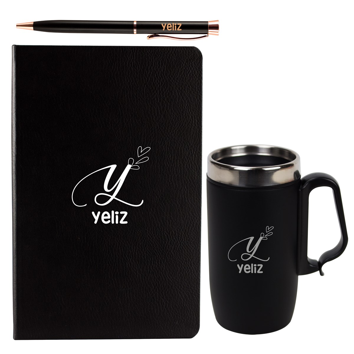 İsme Özel Çelik Termos Defter ve Roller Kalem Seti- Siyah