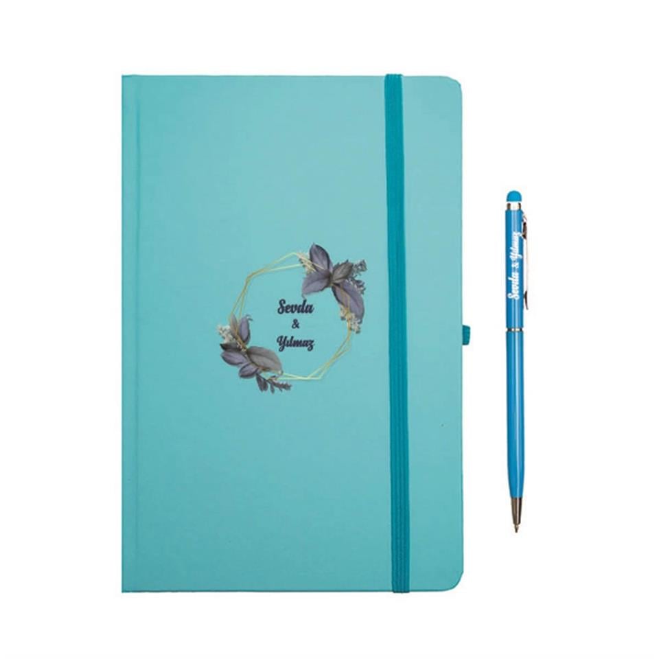 İsme Özel Çiçek Desenli Defter Kalem Seti - Mavi