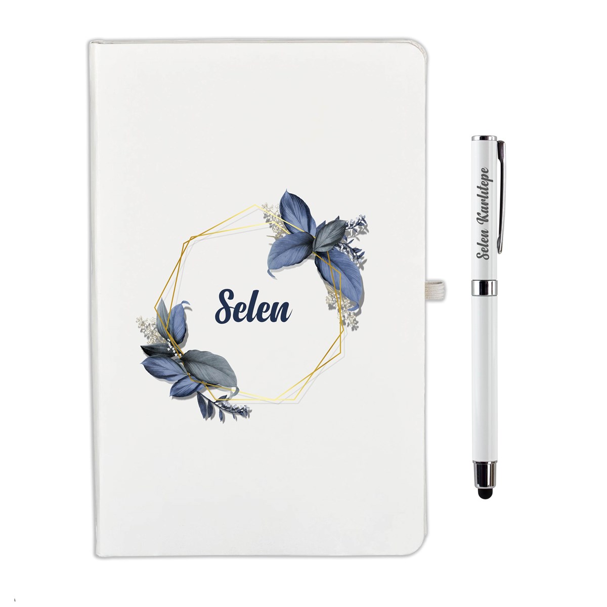 İsme Özel Çiçekli Çerçeve Defter Kalem Seti