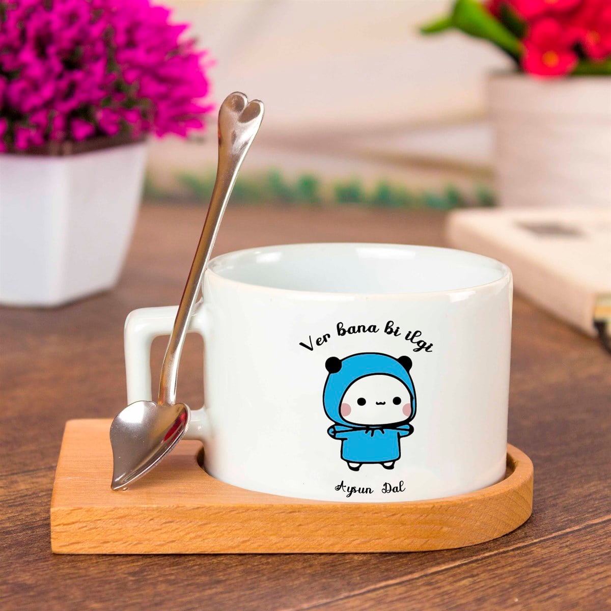 İsme Özel Cute Bear Temalı Ahşap Tepsili Kahve Çay Fincanı Seti