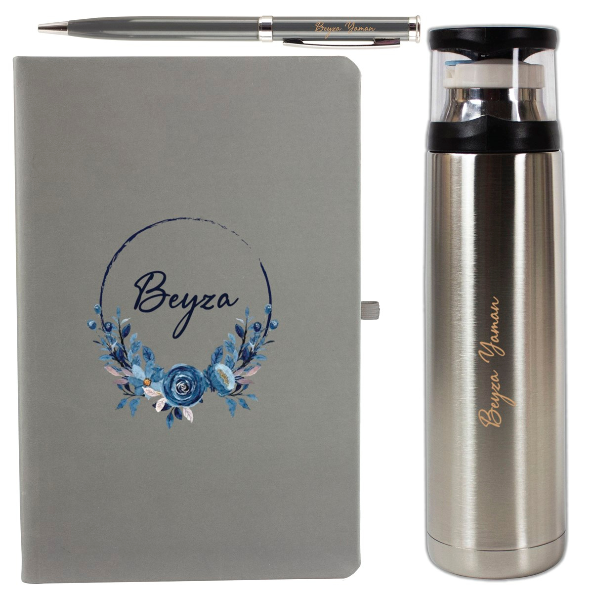 İsme Özel Defter Bardaklı Termos ve Kalem Exclusive Hediye Seti 500 ml - Desen2