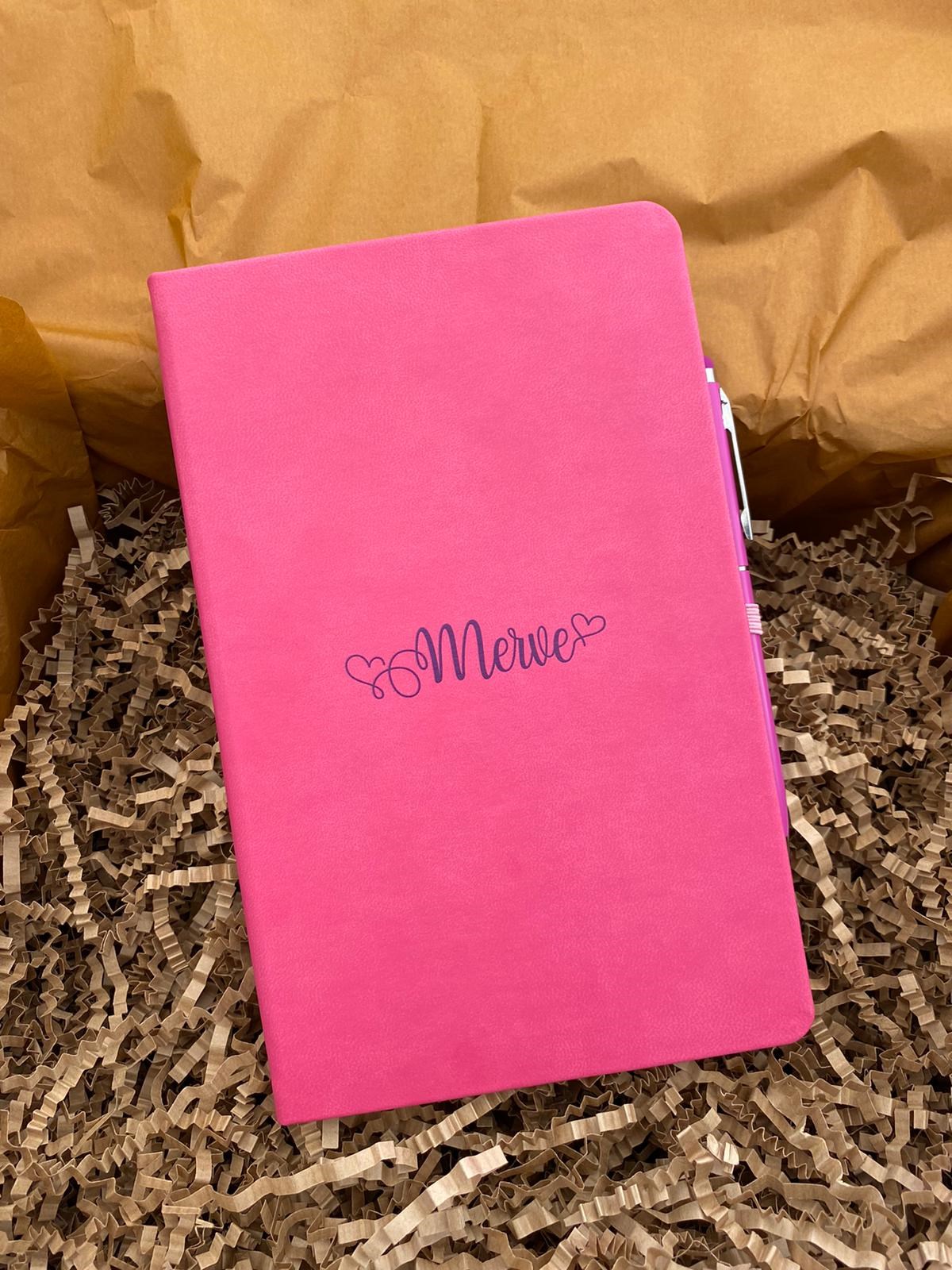 İsme Özel Defter Cam Matara Kolonya Kalem ve Çikolata Hediye Kutusu - Pembe