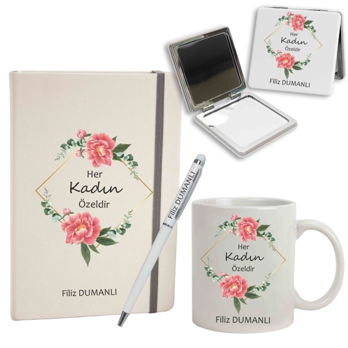 İsme Özel Defter Kalem Ayna Ve Kupa Bardak Seti - Her Kadın Özeldir