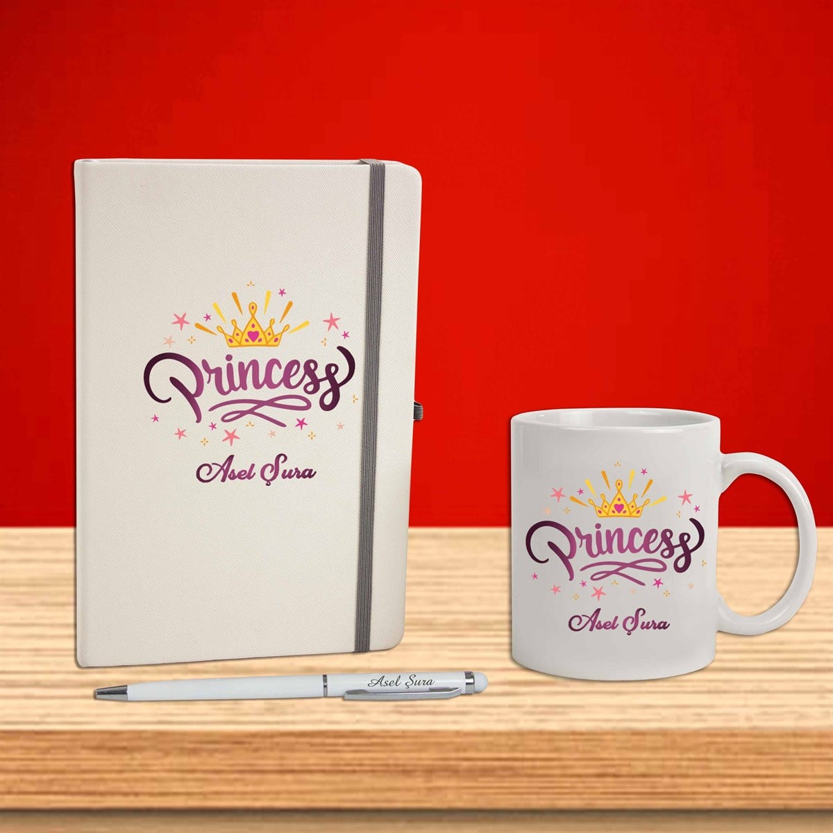 İsme Özel Defter Kalem Ayna Ve Kupa Bardak Seti - Princess