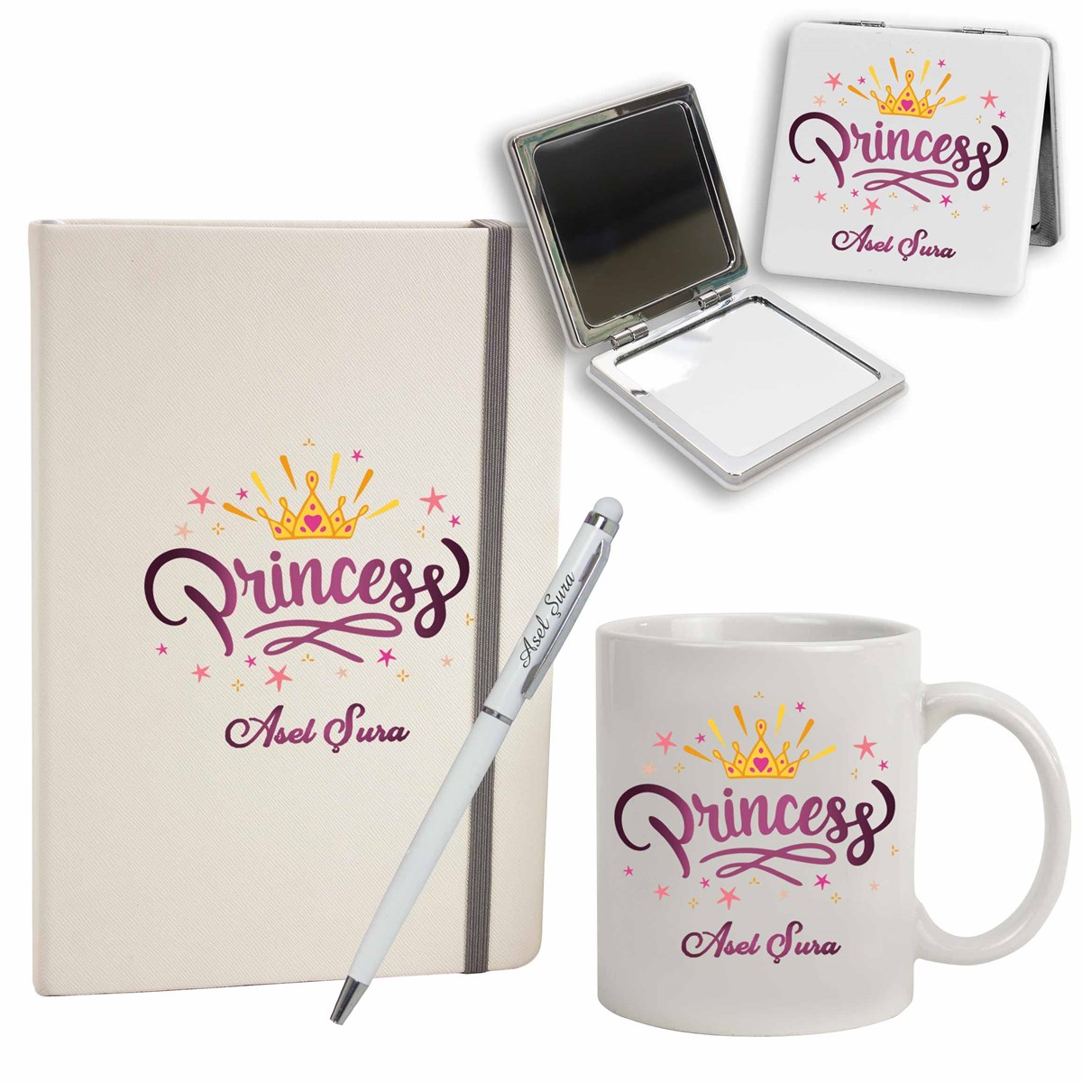 İsme Özel Defter Kalem Ayna Ve Kupa Bardak Seti - Princess