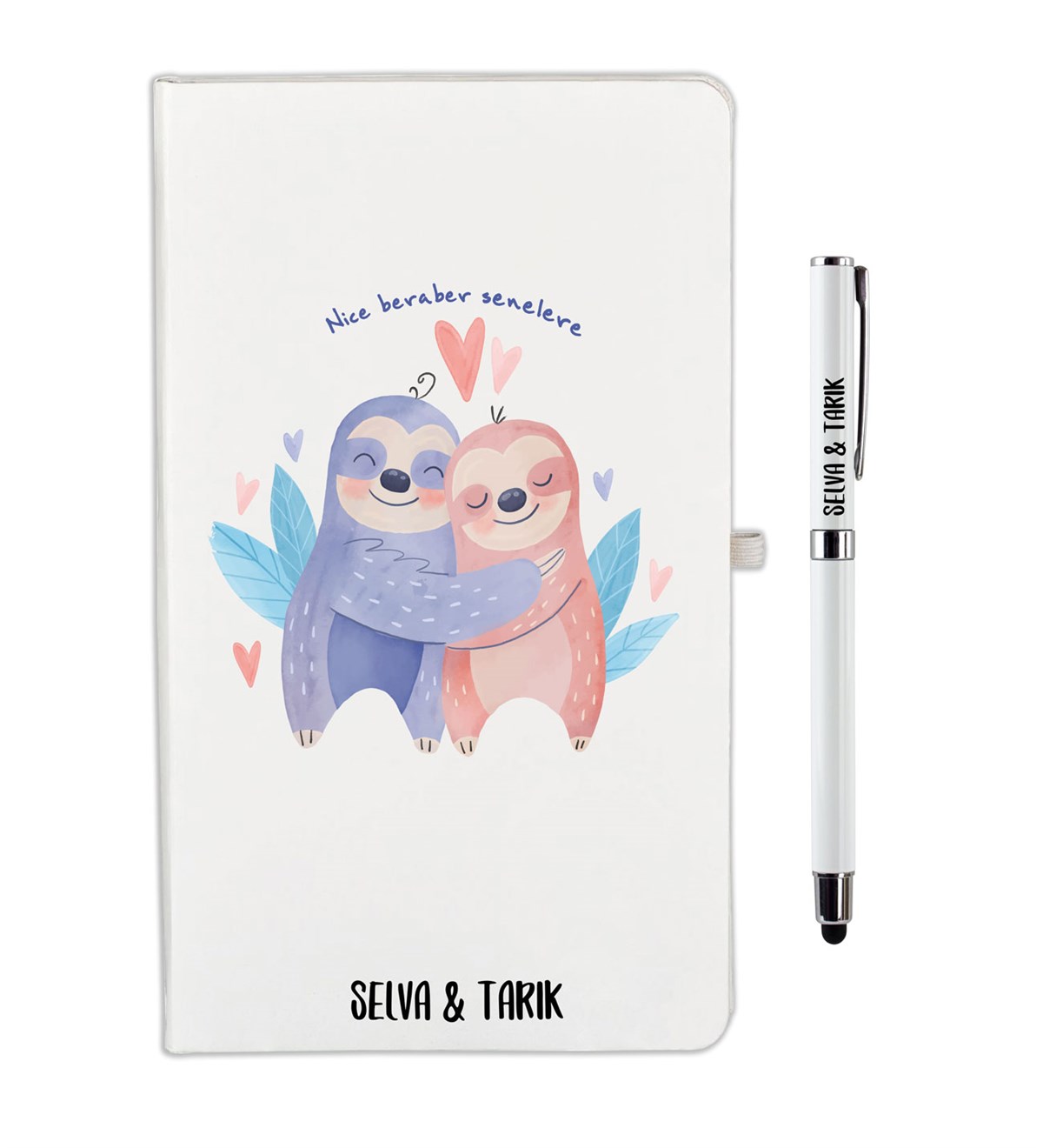 İsme Özel Defter Kalem Seti Beyaz - Sevgi Kuşları Temalı