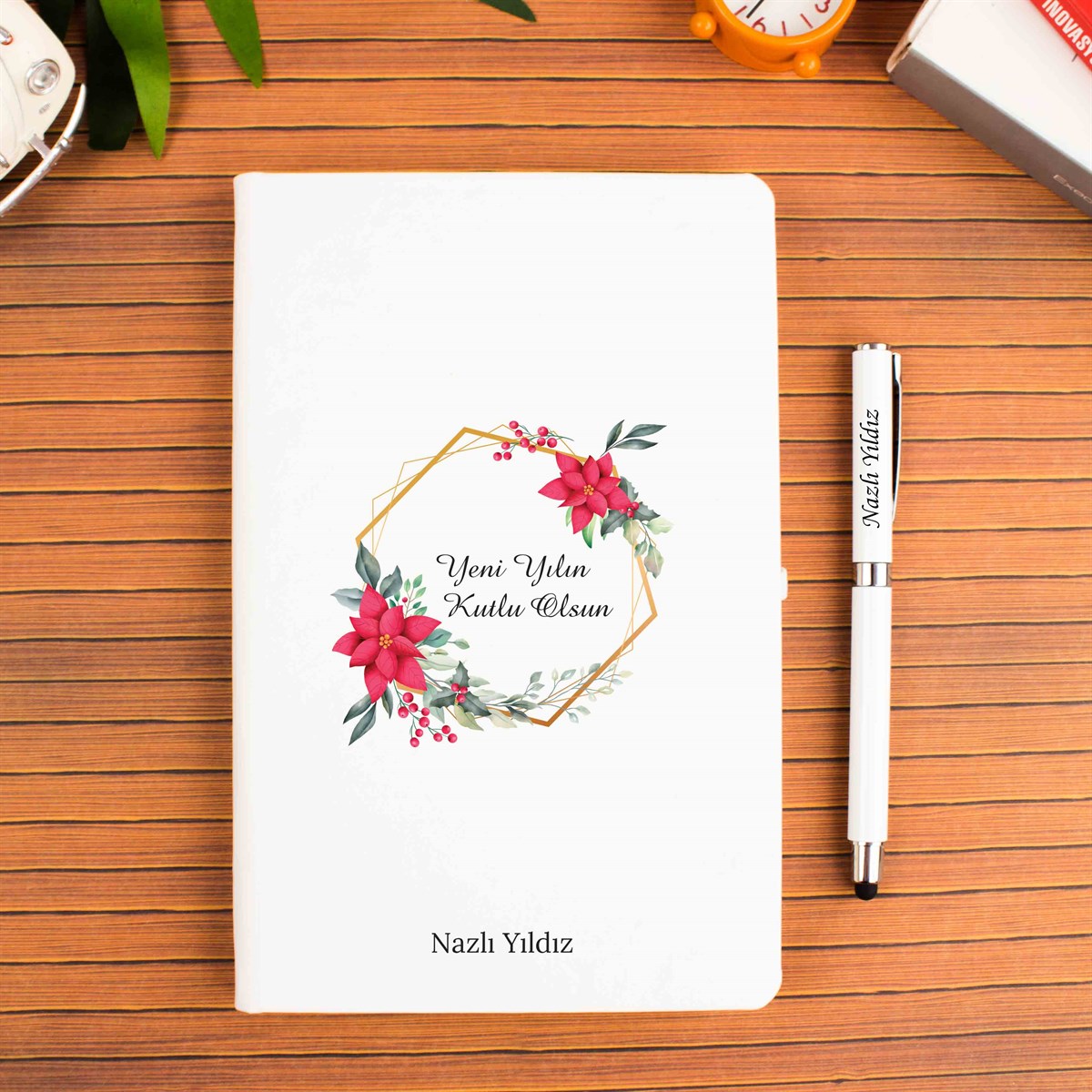 İsme Özel Defter Kalem Seti Beyaz-Çiçek Temalı