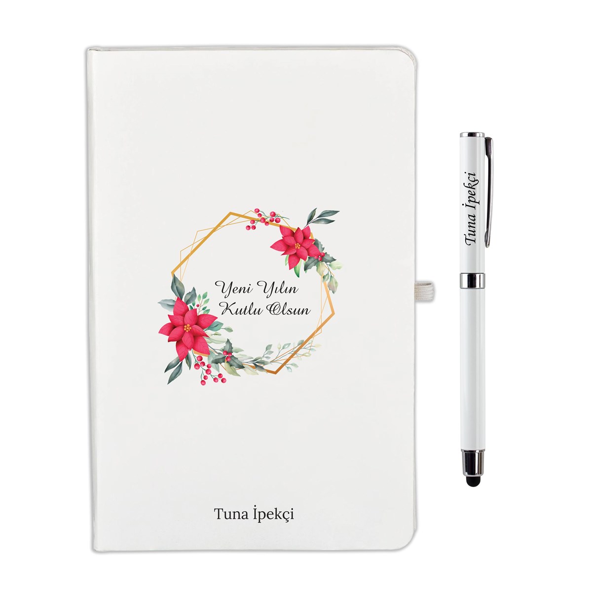 İsme Özel Defter Kalem Seti Beyaz-Çiçek Temalı