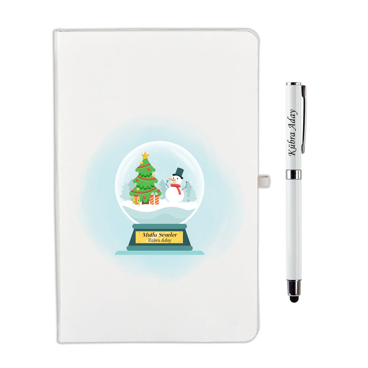 İsme Özel Defter Kalem Seti Beyaz-Kar Küresi  Temalı