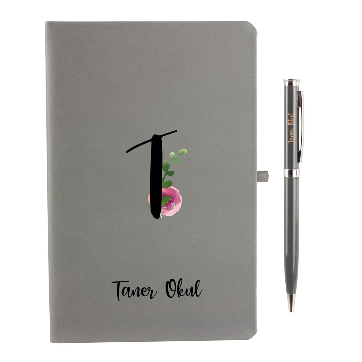 İsme Özel Defter Kalem Seti Füme - Pembe Çiçekli Harf