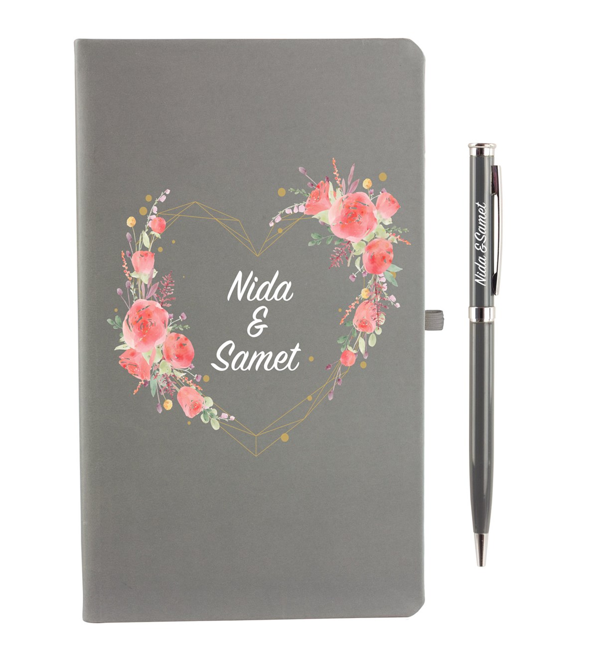 İsme Özel Defter Kalem Seti Gri - Gül Çerçeve Temalı