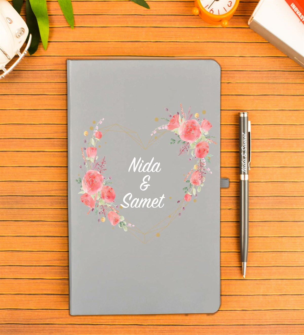 İsme Özel Defter Kalem Seti Gri - Gül Çerçeve Temalı