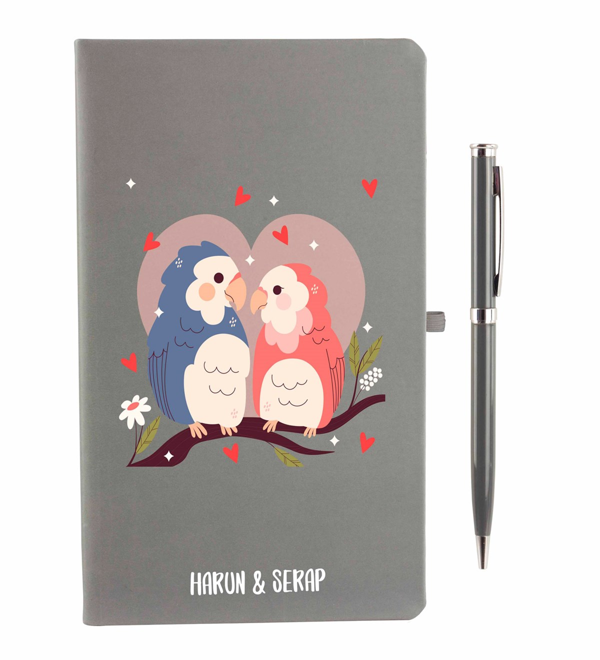 İsme Özel Defter Kalem Seti Gri -Birds Tasarımlı
