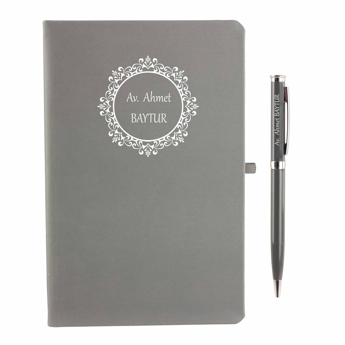 İsme Özel Defter Kalem Seti Gri - Çiçekli Çerçeve