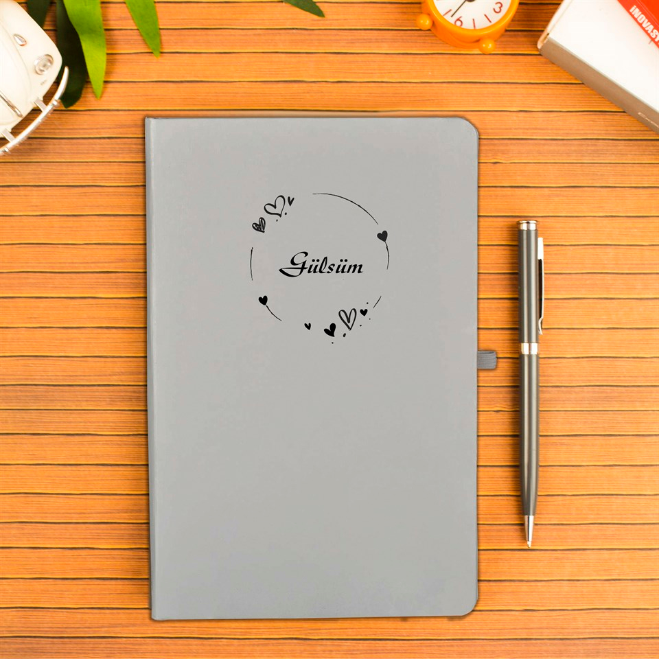 İsme Özel Defter Kalem Seti Hediye Kutusu - Kalpli Çerçeve