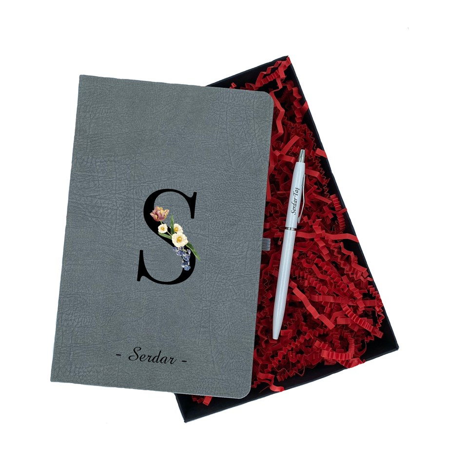 İsme Özel Defter Kalem Seti Hediye Kutusu - Çiçekli Harf
