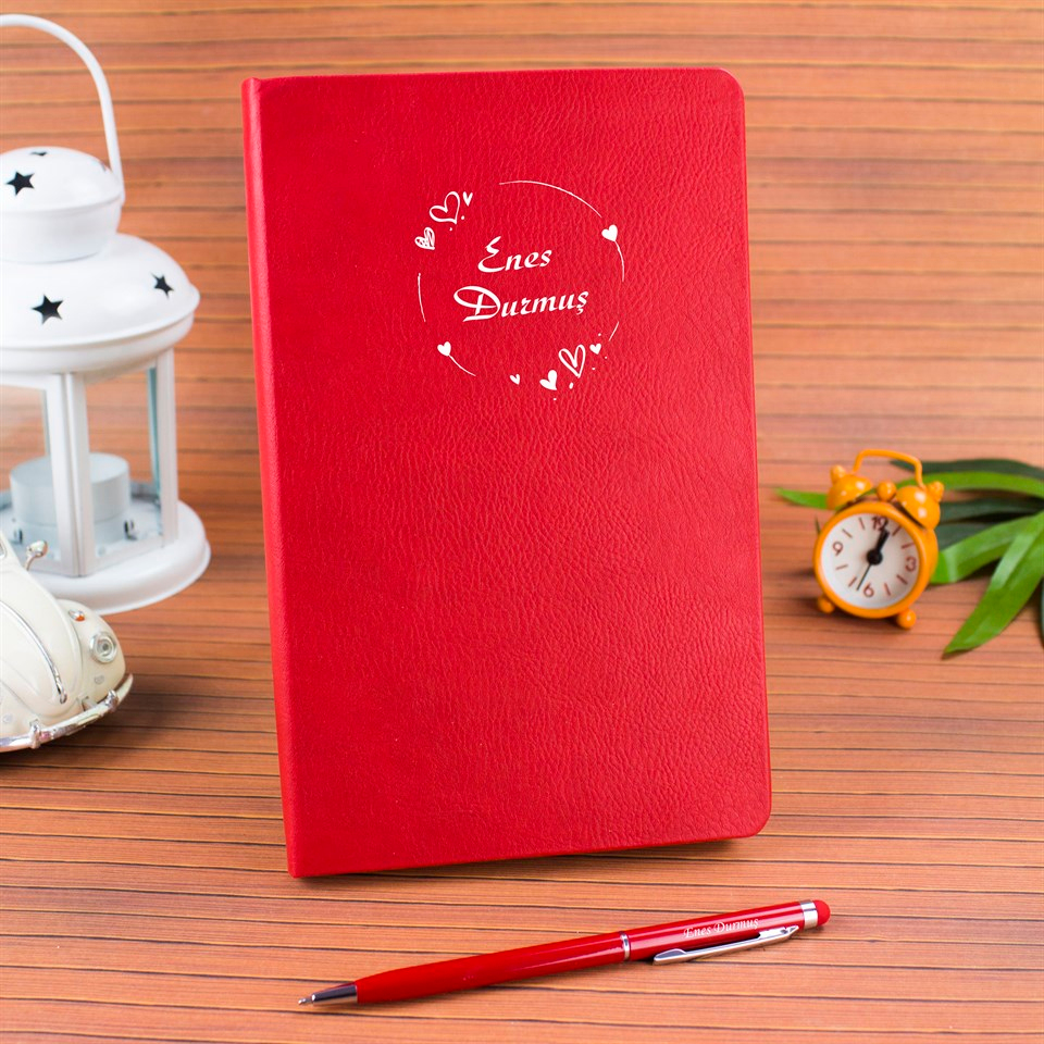 İsme Özel Defter Kalem Seti Hediye Kutusu - Kalpli Çerçeve
