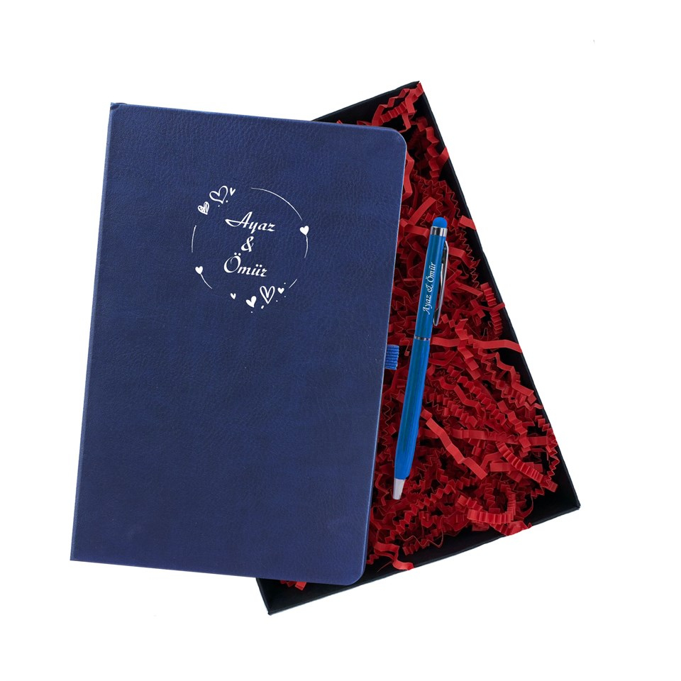 İsme Özel Defter Kalem Seti Hediye Kutusu - Kalpli Çerçeve