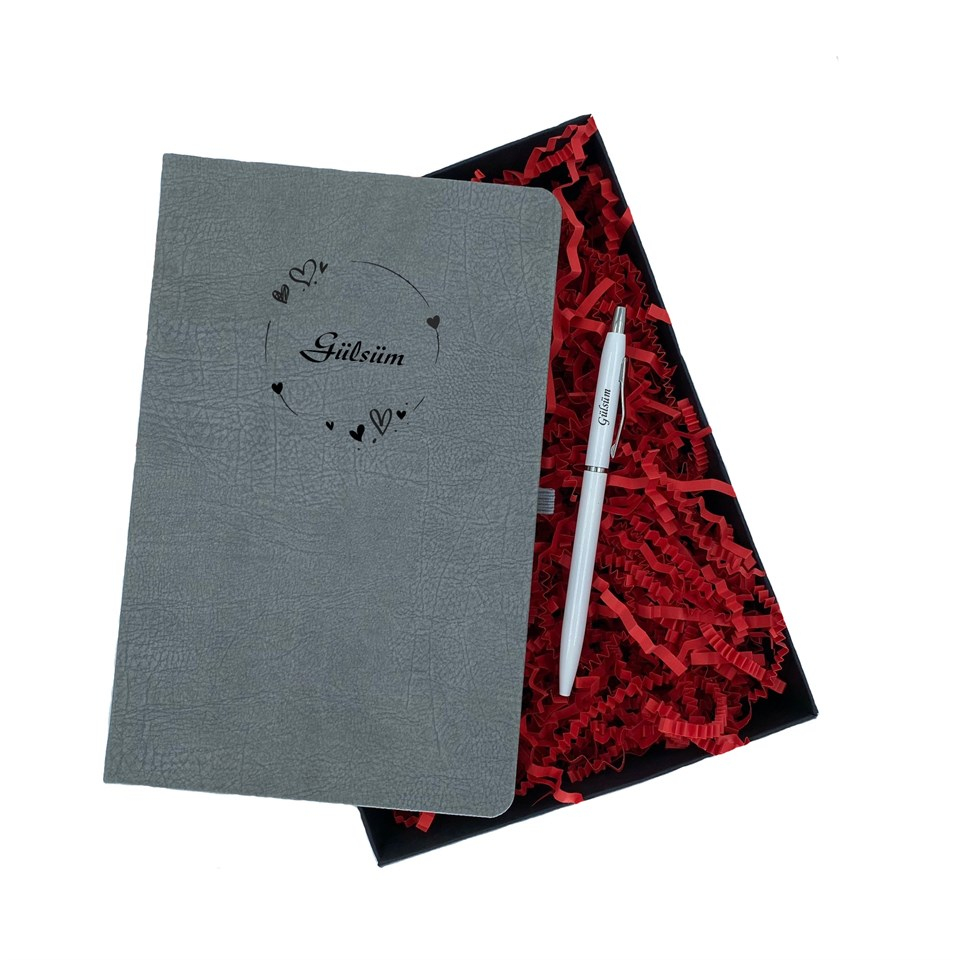 İsme Özel Defter Kalem Seti Hediye Kutusu - Kalpli Çerçeve