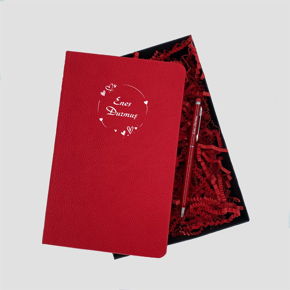 İsme Özel Defter Kalem Seti Hediye Kutusu - Kalpli Çerçeve