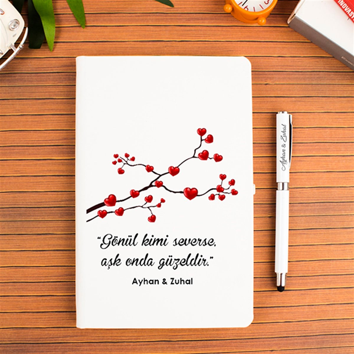 İsme Özel Defter Kalem Seti - Kalpli Ağaç Dalı Temalı