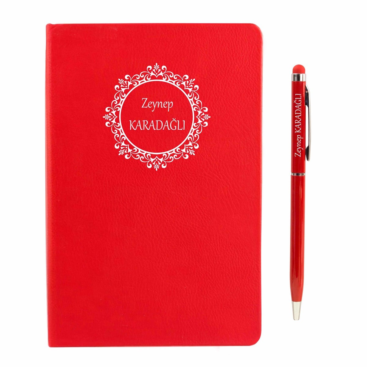 İsme Özel Defter Kalem Seti Kırmızı - Çiçekli Çerçeve