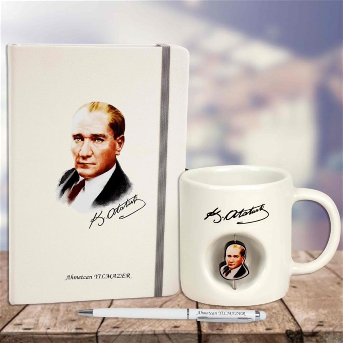 İsme Özel Defter Kalem ve Stres Kupa Bardak Seti - K. Atatürk