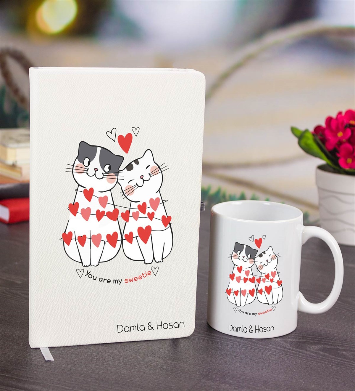 İsme Özel Defter Kupa Bardak Seti - Cats Love Temalı