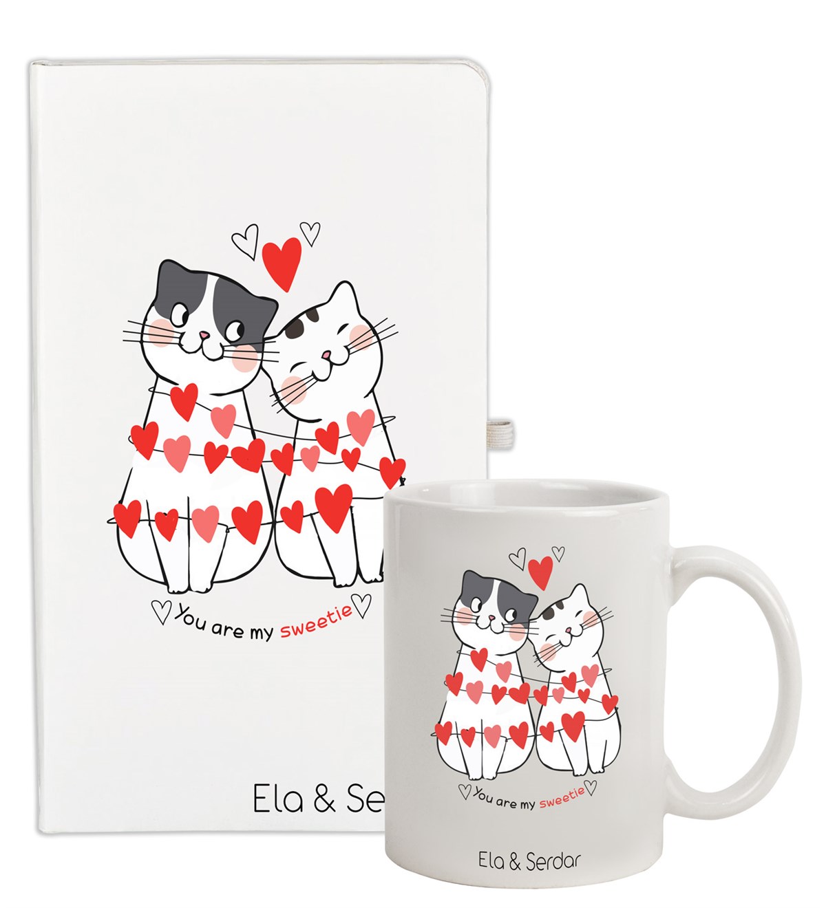 İsme Özel Defter Kupa Bardak Seti - Cats Love Temalı
