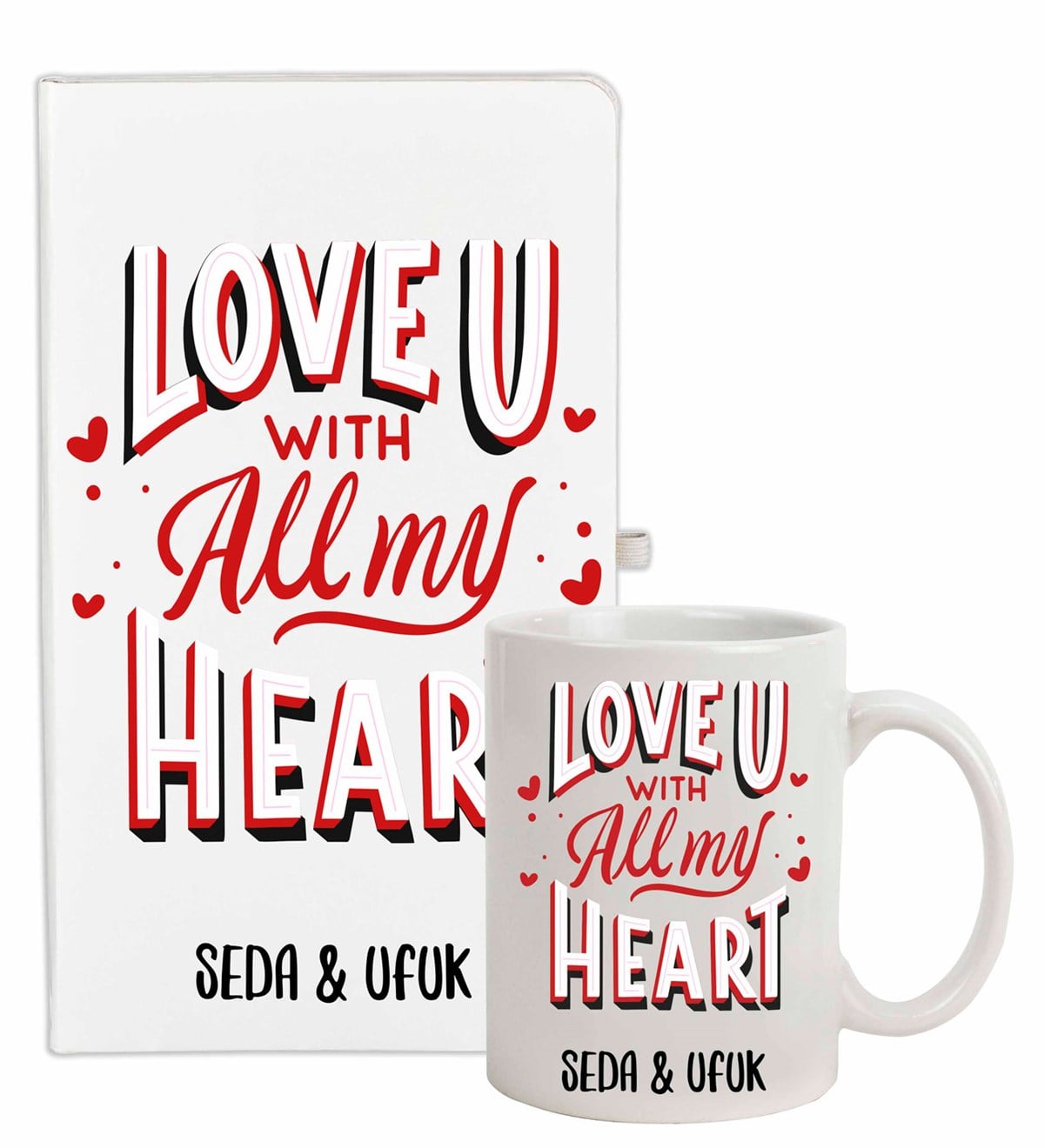 İsme Özel Defter Kupa Bardak Seti - Love Temalı