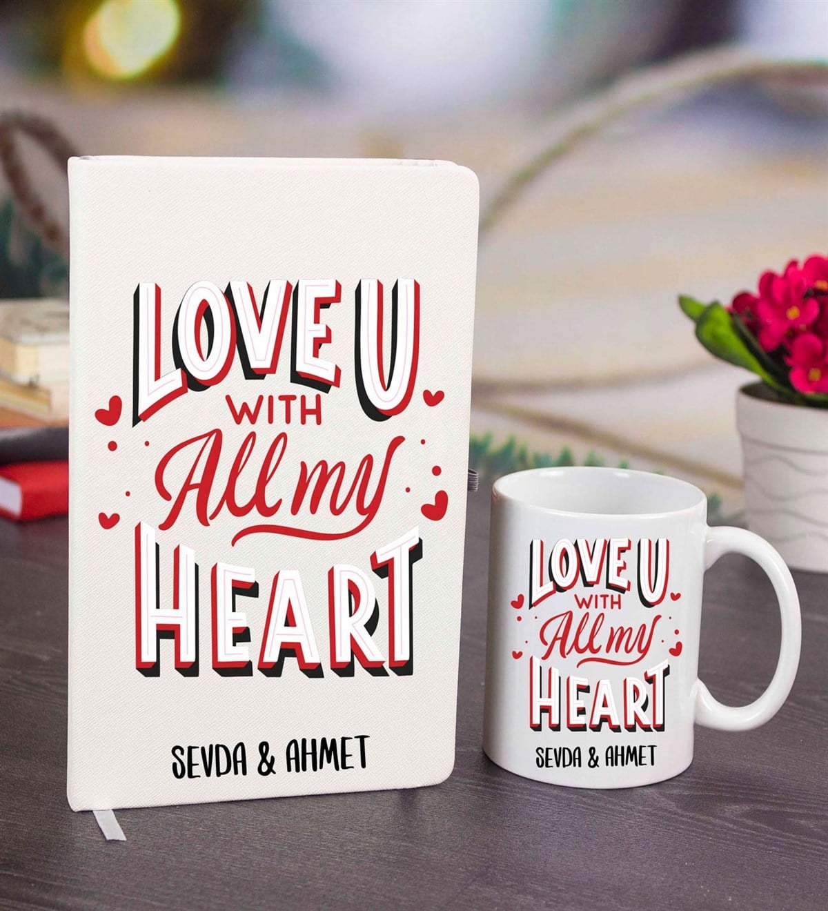İsme Özel Defter Kupa Bardak Seti - Love Temalı