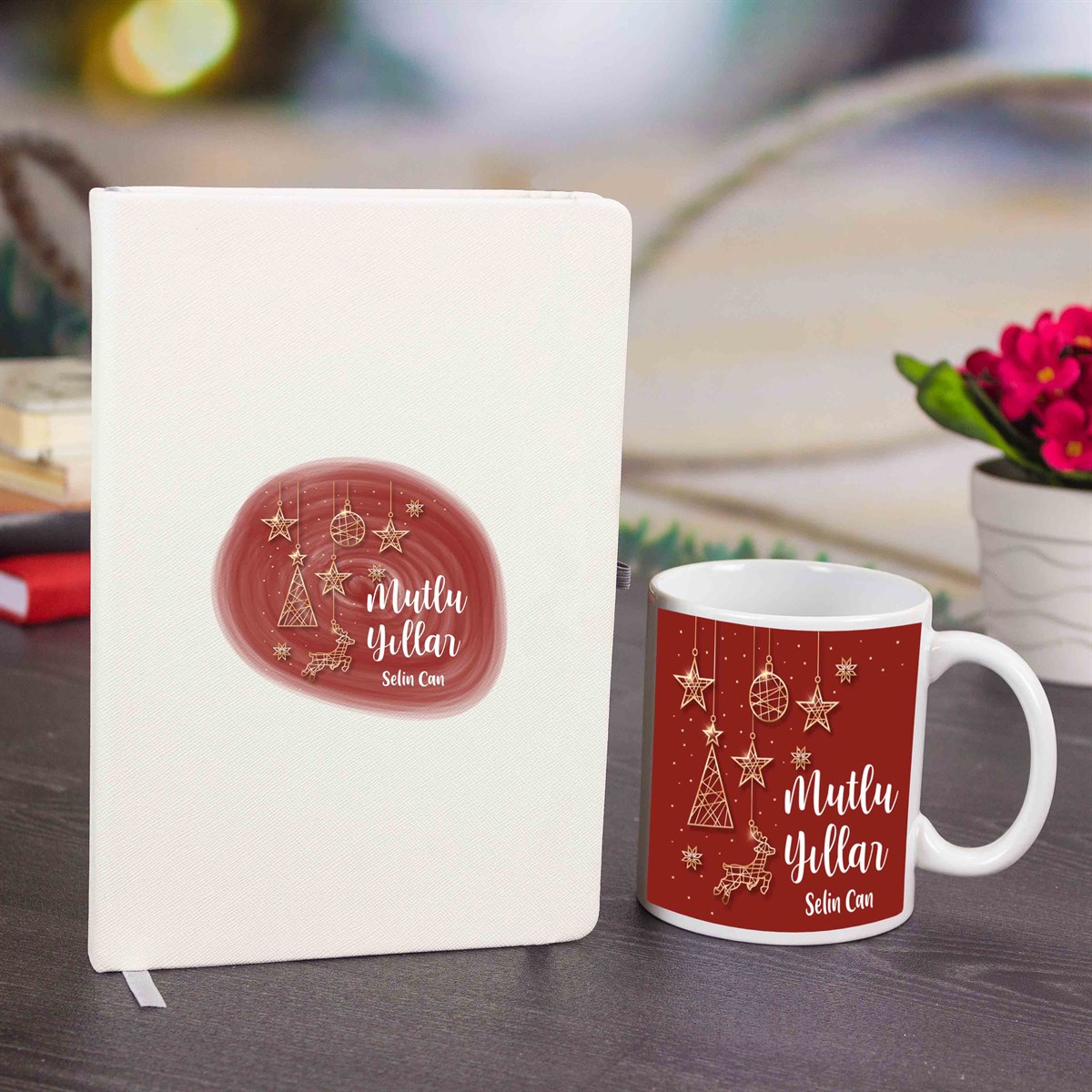 İsme Özel Defter Kupa Bardak Seti - Mutlu Yıllar Kırmızı Temalı