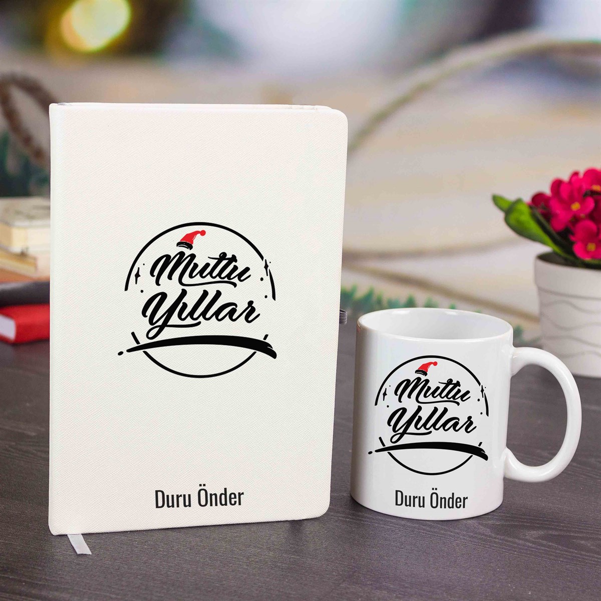 İsme Özel Defter Kupa Bardak Seti - Mutlu Yıllar Temalı