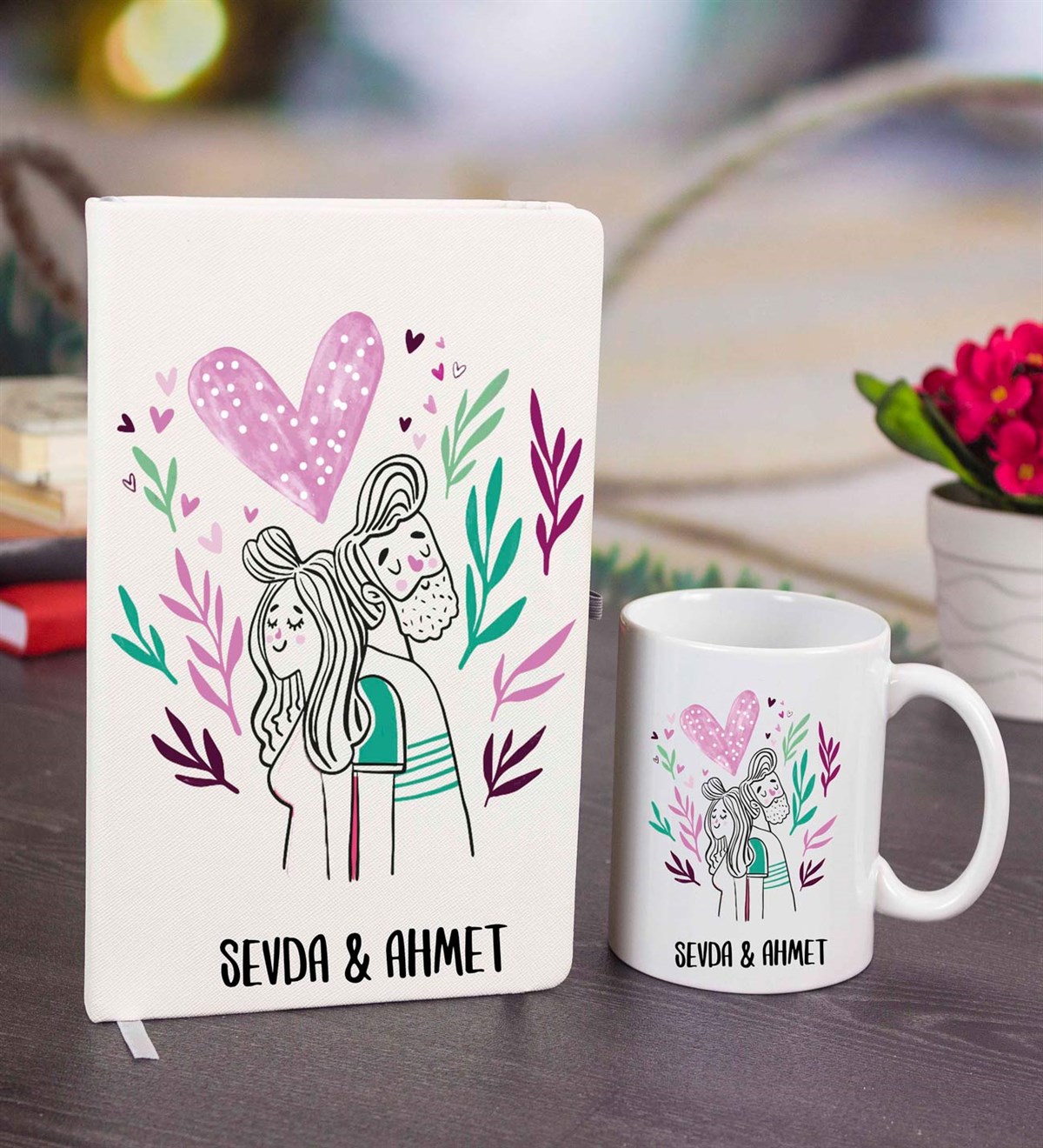 İsme Özel Defter Kupa Bardak Seti - Romantik Çift